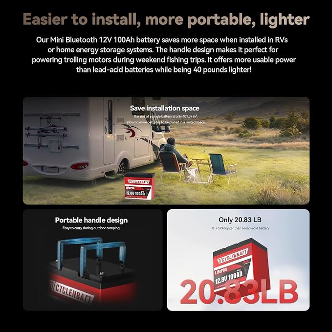 12V 100Ah Mini Bluetooth LiFePO4 Battery, 12 Volt Lithium Battery Bulit in 100A - Image 4