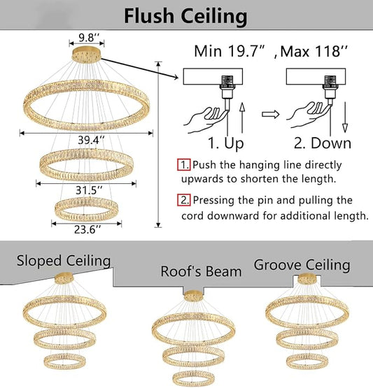 HAIXIANG Large Glam Chandelier Crystal LED 3 Rings Chandeliers Adjustable - Image 2
