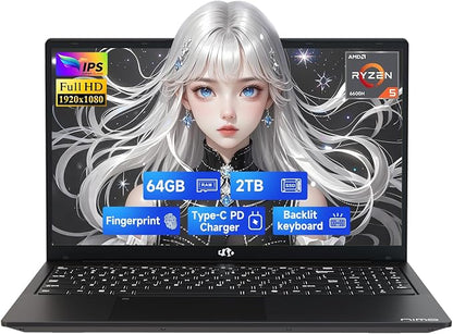 NIMO 15.6" IPS FHD-Gaming-Laptop, AMD Ryzen 5 6600H 6 Cores 64GB DDR5 RAM 2TB by Nimo