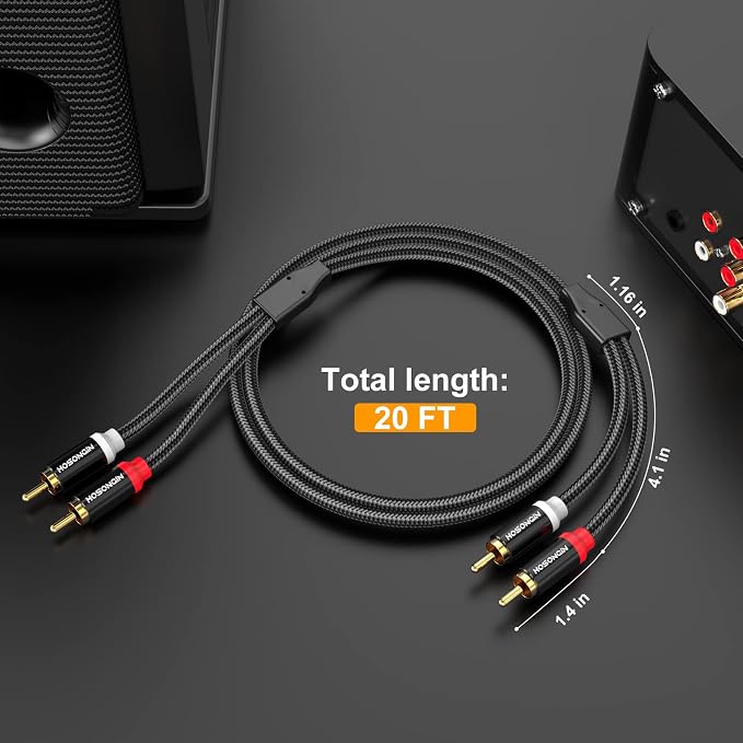 HOSONGIN RCA Cables 20ft 2 Pack, 2-Male to 2-Male RCA Audio Stereo Subwoofer - Image 7