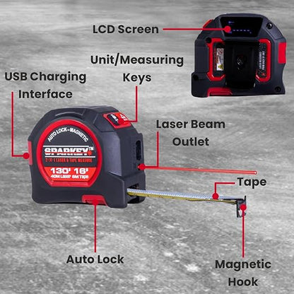SPARKEY 2-in-1 Laser Tape Measure, 130Ft Laser Distance Measurement, - Image 4