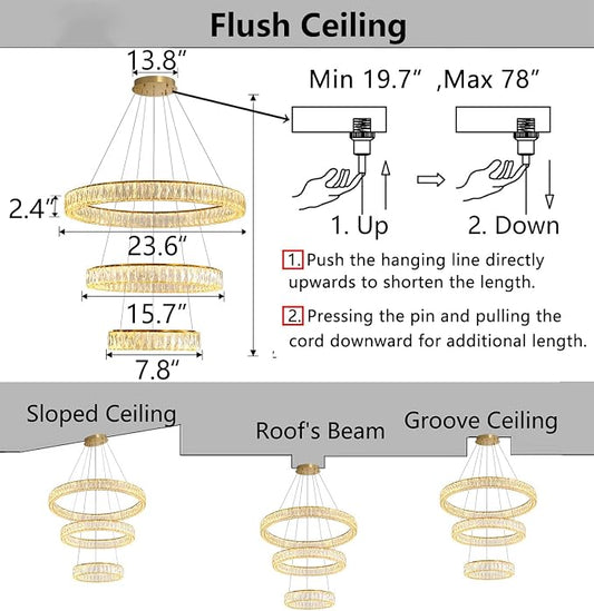 HAIXIANG Modern Glam Chandelier Crystal LED Remote Rings Chandelier Adjustable - Image 2