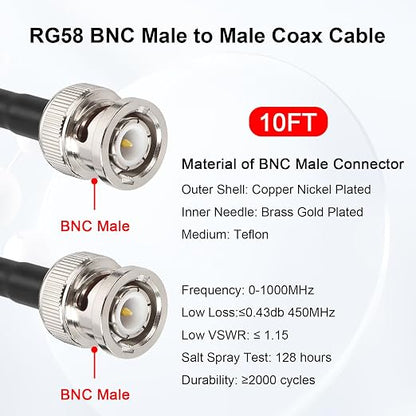 MOOKEERF 10FT RG58 50 ohm BNC Male to Male Coax Cable - Image 2