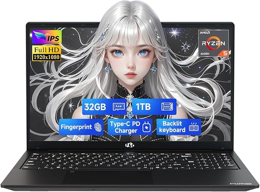 NIMO 15.6" IPS FHD-Gaming-Laptop, AMD Ryzen 5 6600H 6 Cores 32GB DDR5 RAM 1TB by Nimo