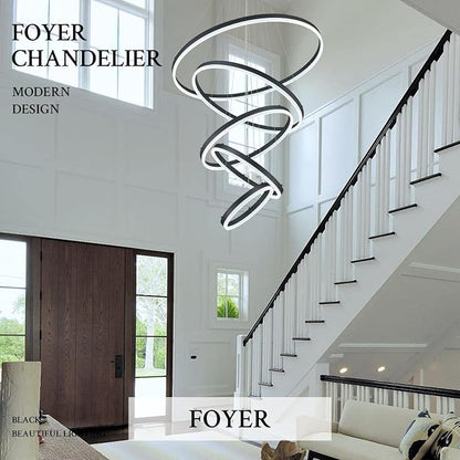 5-Rings D31.5in Modern LED Chandelier Black Dimmable High Ceiling Chandeliers - Image 5