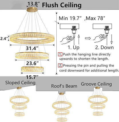 HAIXIANG Modern Glam Chandelier Crystal LED Remote Rings Chandelier Adjustable - Image 2