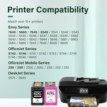 62XL 62 Envy 7640 Ink Cartridges Black and Color Combo Pack Replacement - Image 2