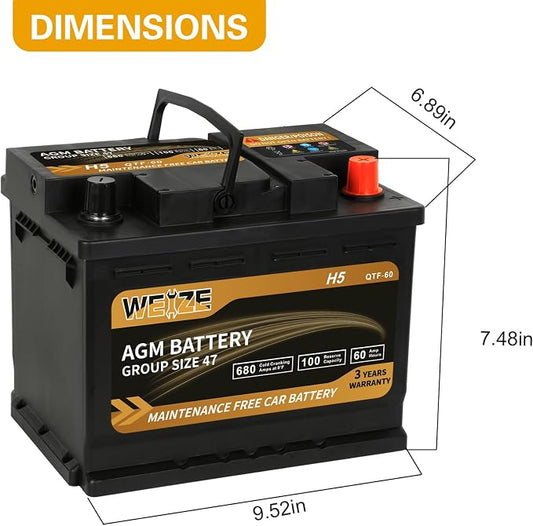 Weize Platinum AGM Battery BCI Group 47-12v 60ah H5 Size 47 Automotive Battery - Image 2