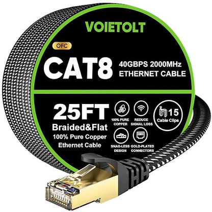Cat 8 Ethernet Cable 25 FT Flat, High Speed 40Gbps 2000Mhz Braided Internet by EthernetCable
