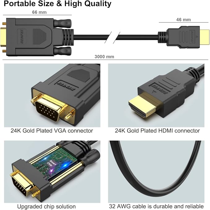 BENFEI 2 Pack HDMI to VGA 10 Feet Cable, Uni-Directional HDMI to VGA Cable - Image 6