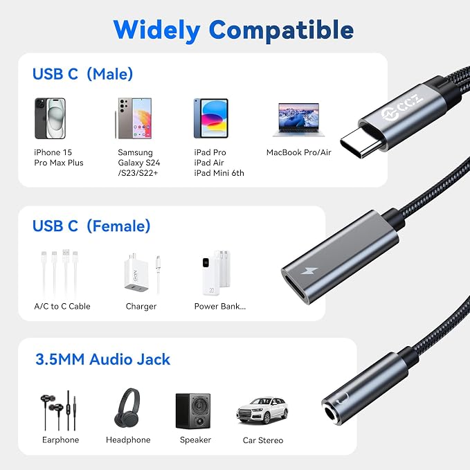USB C Splitter for KZ ZS10 PRO, CCZ CA01 USB C to 3.5mm Audio Headphone and - Image 5