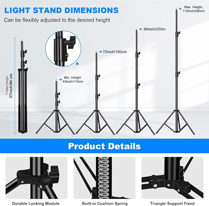 2pack Heavy Duty Light Stand 9.2ft / 110" Aluminum Spring Cushioned Tripod - Image 3