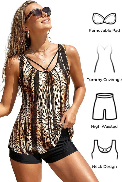 MODLILY Tummy Control Womens Tankini Swimsuits, Two Piece Metal Ring Bathing - Image 6