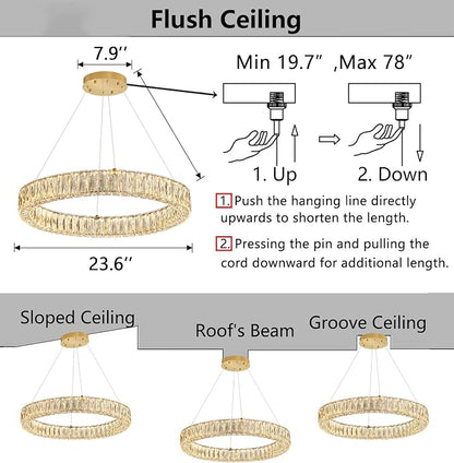 HAIXIANG Modern Crystal Chandelier Dimmable LED Ring Pendant Lights Adjustable - Image 2