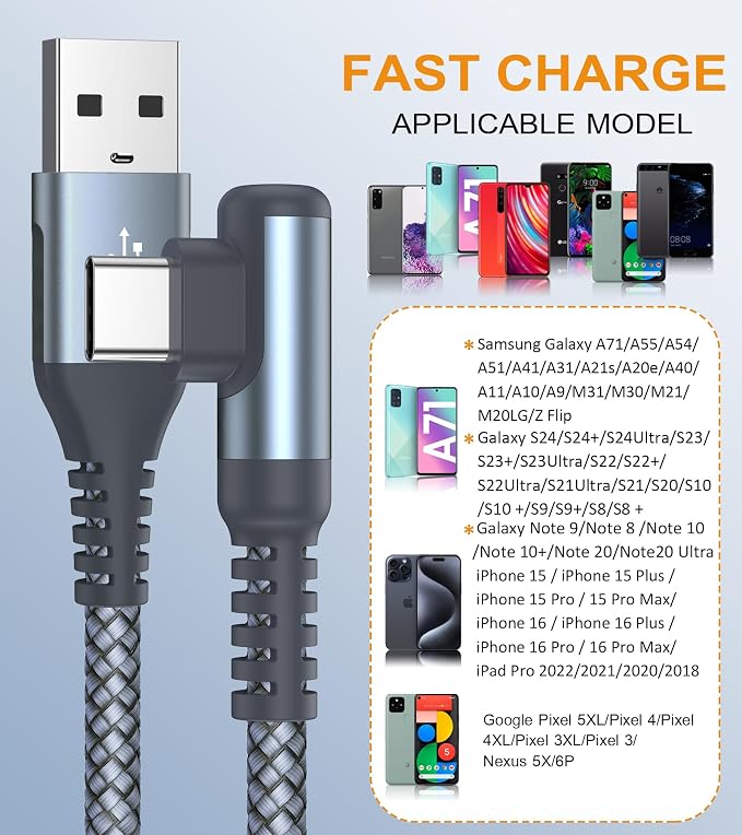 sweguard USB Type C Charger Cable Right Angle iPhone 16 Charger Nylon Braided - Image 3