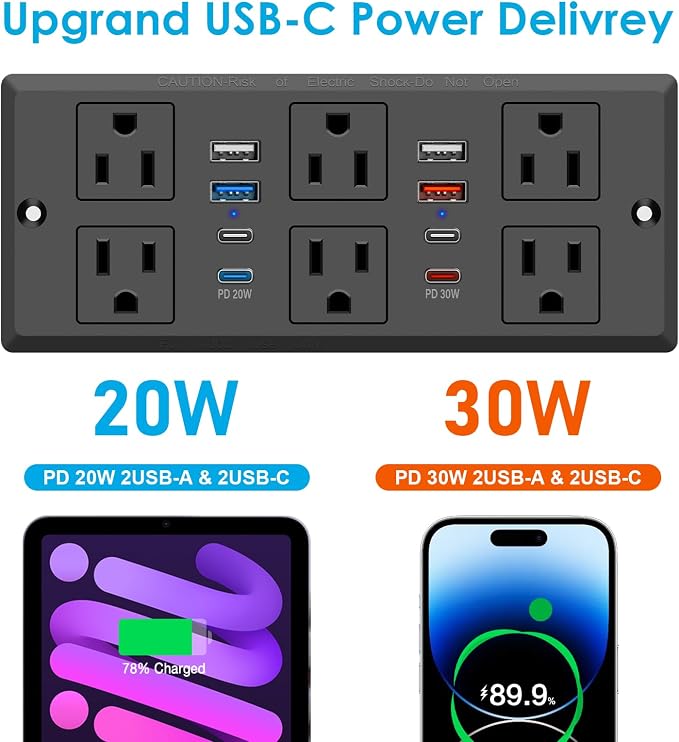Recessed Power Strip with PD 30W Fast Charging, Conference Desk Flush Mount - Image 3