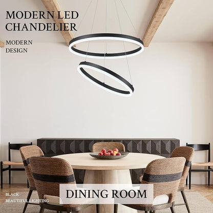 Modern LED Chandelier Black 2-Rings Pendant Light Circular Flush Mount Ceiling - Image 3