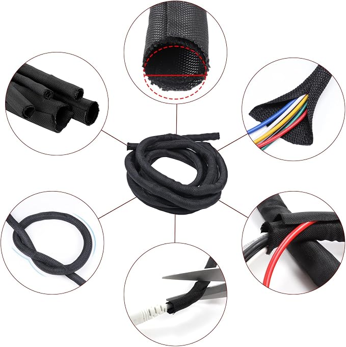 Black Braided Cable Management Sleeves Wire Loom Tubing Cord Protector - Image 6