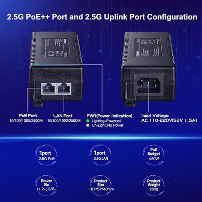 MokerLink 2.5 Gigabit PoE Injector, 802.3af/at/bt 60W, 2.5G/1G/100M Ethernet - Image 4