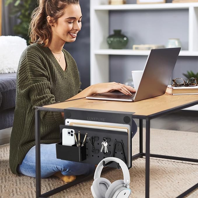 LUKETURE Desk Side Storage, No Drill Laptop Side Desk Mount, Steel Hanging - Image 8