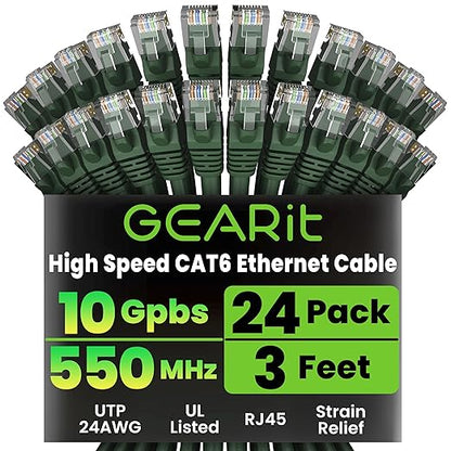 GEARit Cat 6 Ethernet Patch Cables 3 ft Green, CAT6 High Speed 24AWG 10Gbps by GEARit