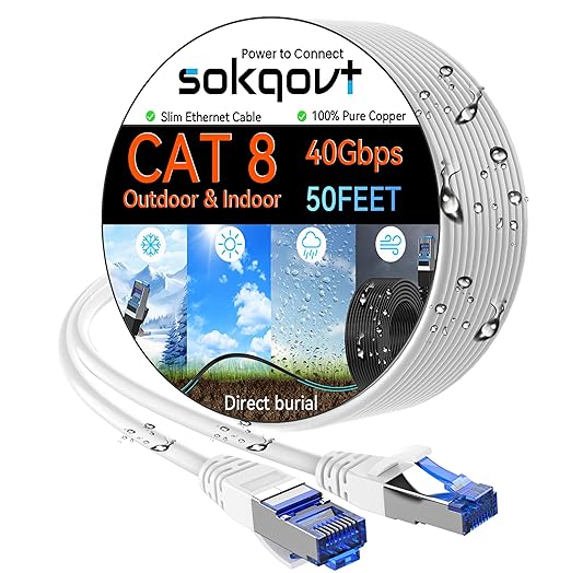 Sokqovt Cat 8 Ethernet Cable Slim 50ft Outdoor & Indoor, Pure Copper Cat8 by Unknown