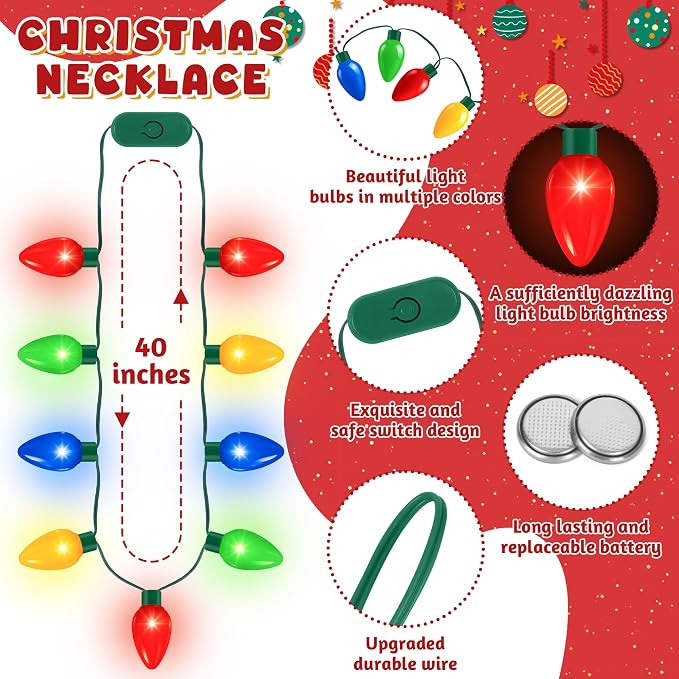 QZYL 4 Pcs Christmas Necklace, 9 LED Bulbs Christmas Light Up Necklace Bulk - Image 2