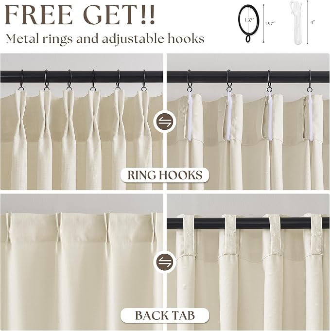 Cream Beige Pinch Pleated Linen Curtains 96 Inch 4 Panels Set - Image 5