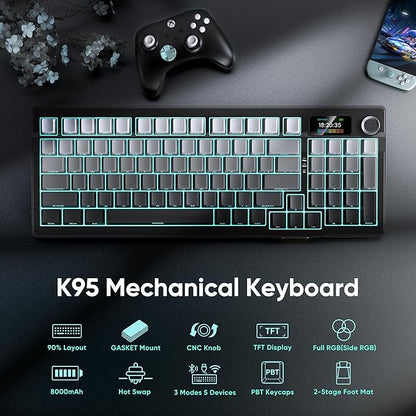 RedThunder K95 Wireless Mechanical Keyboard, TFT Screen & Knob, Trip-Modes - Image 2