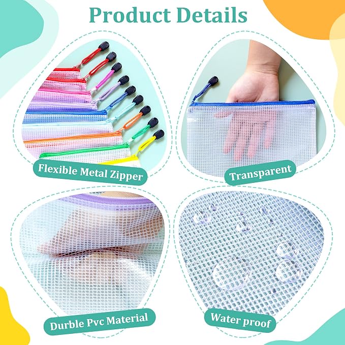 9pcs Mesh Zipper Pouch Bags, B4 Sizes Zipper Pouch, Mesh Bags - Image 6