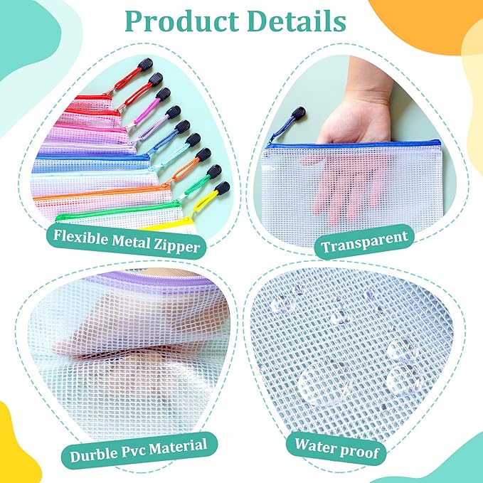 18pcs Mesh Zipper Pouch Bags, B5 Mesh Pouch, 9 Color Zipper Pouches - Image 5