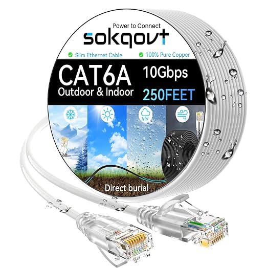 Cat6a Ethernet Cable Slim 250ft Outdoor&Indoor, 28AWG Pure Copper Cat6 Internet by Unknown