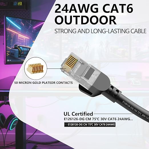 Jadaol Cat6 Outdoor Ethernet Cable 250 ft, Support Cat8/7 Network, 10Gbps 24AWG - Image 2