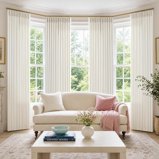 Pinch Pleated Thick Linen Curtains 96 Inch 4 Panels Set Ivory Cream Memory by Twodrapes