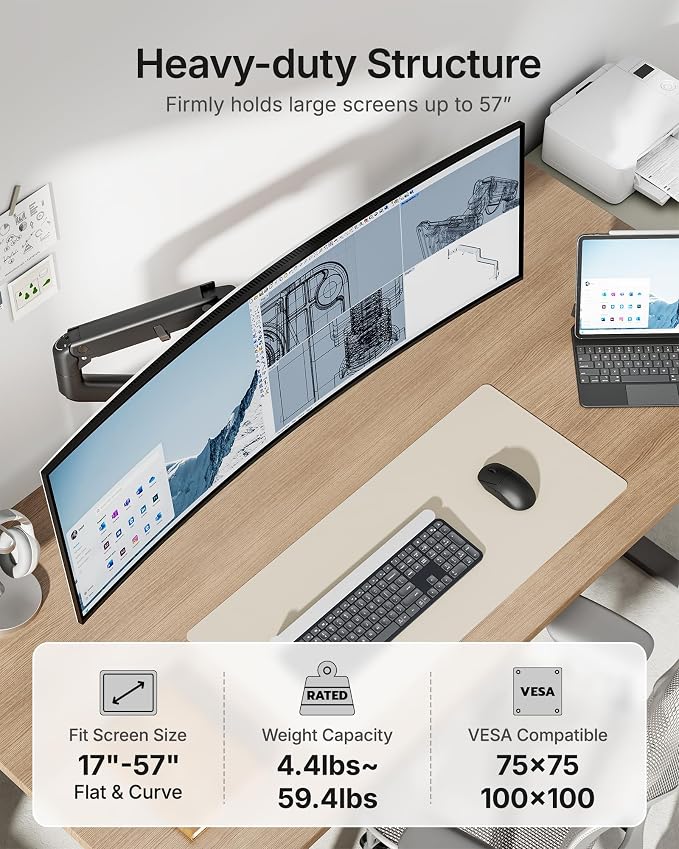monTEK Heavy-Duty Monitor Arm for 17-57" Ultrawide Curved Screen, Supports up - Image 2