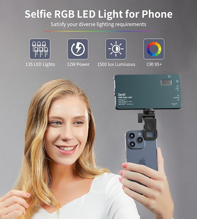 Selfie Camera Phone Light with Metal Hotshoe & Clip, CRI 96+ 2500K-9900K - Image 4
