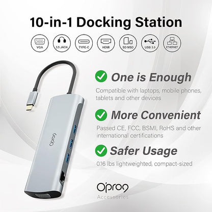 Opro9 10-in-1 USB C Hub Multiport Adapter, Laptop Docking Station Dual 4K HDMI - Image 2
